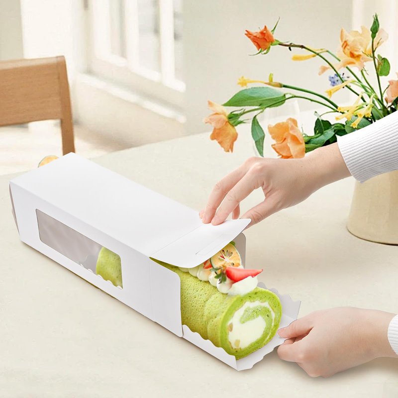 Nagpew 30 Pack Roll Cake Boxes, 10.8'' x 4.4'' x 4'' Pumpkin Roll Container with Window Paperboard, White Loaf Bakery Holder for Wedding, Thanksgiving, Pastries