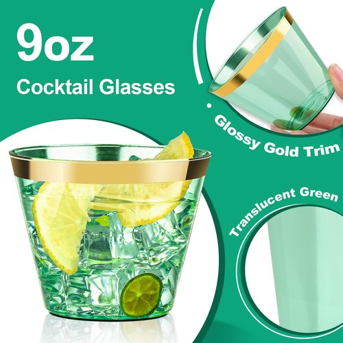 Bestluck 100 Pack 9 oz Green Plastic Cups, Clear Disposable Cups with Gold Rim, Plastic Cocktail Glasses for Party & Graduation & Wedding