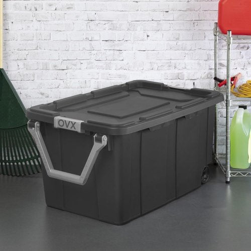 Heavy-Duty 40 Gal Wheeled Storage Bin - Large Black Plastic Tote for Garage, Camping & Moving