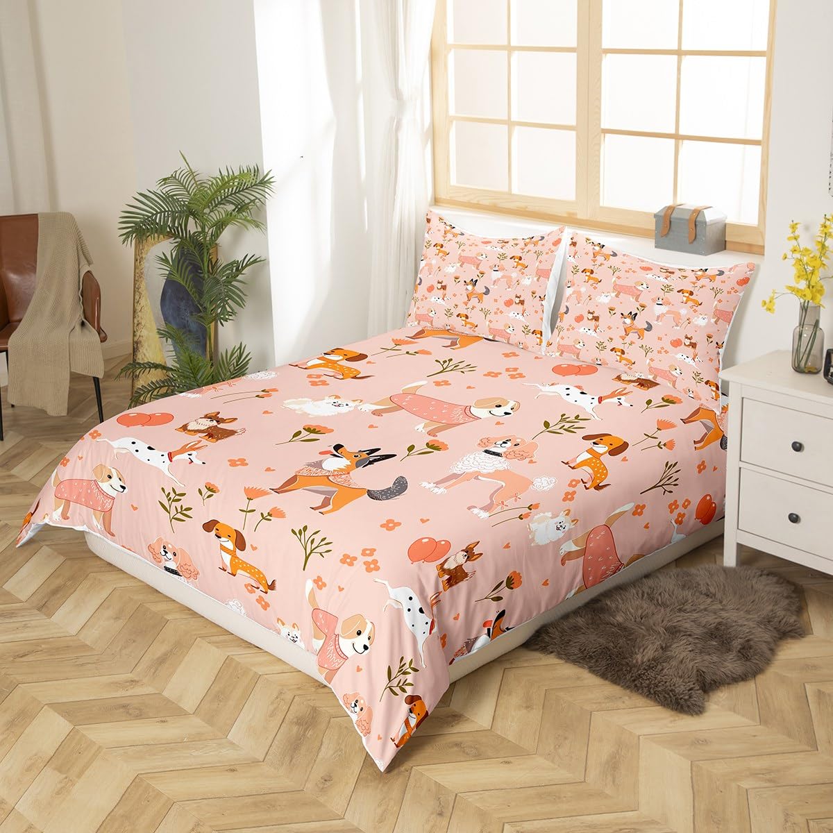Romantic Dogs Duvet Cover Set King Size,Kawaii Cute Cartoon Pet Puppy Comforter Cover with 2 Pillowcases,Pink Flowers Plant Animal Modern Bedding Set for Adult Young Bedroom Xmas Gift