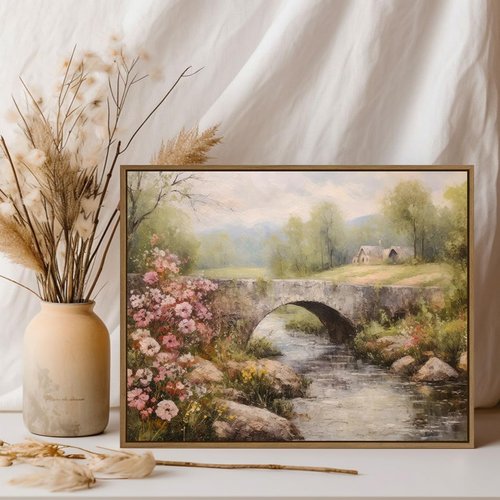 Gardenia Art Framed Canvas Wall Art - Spring Landscape with Mountain Bridge & Blooming Flowers | Perfect for Farmhouse Bedroom Decor