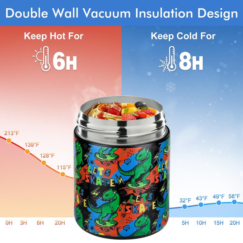 wiwens 12oz Soup Thermo for Hot Food Kids Insulated Food Jar Wide Mouth Lunch Container Leak Proof Stainless Steel Vacuum Bento Box for School Office Travel Outdoors Black-Dinosaur