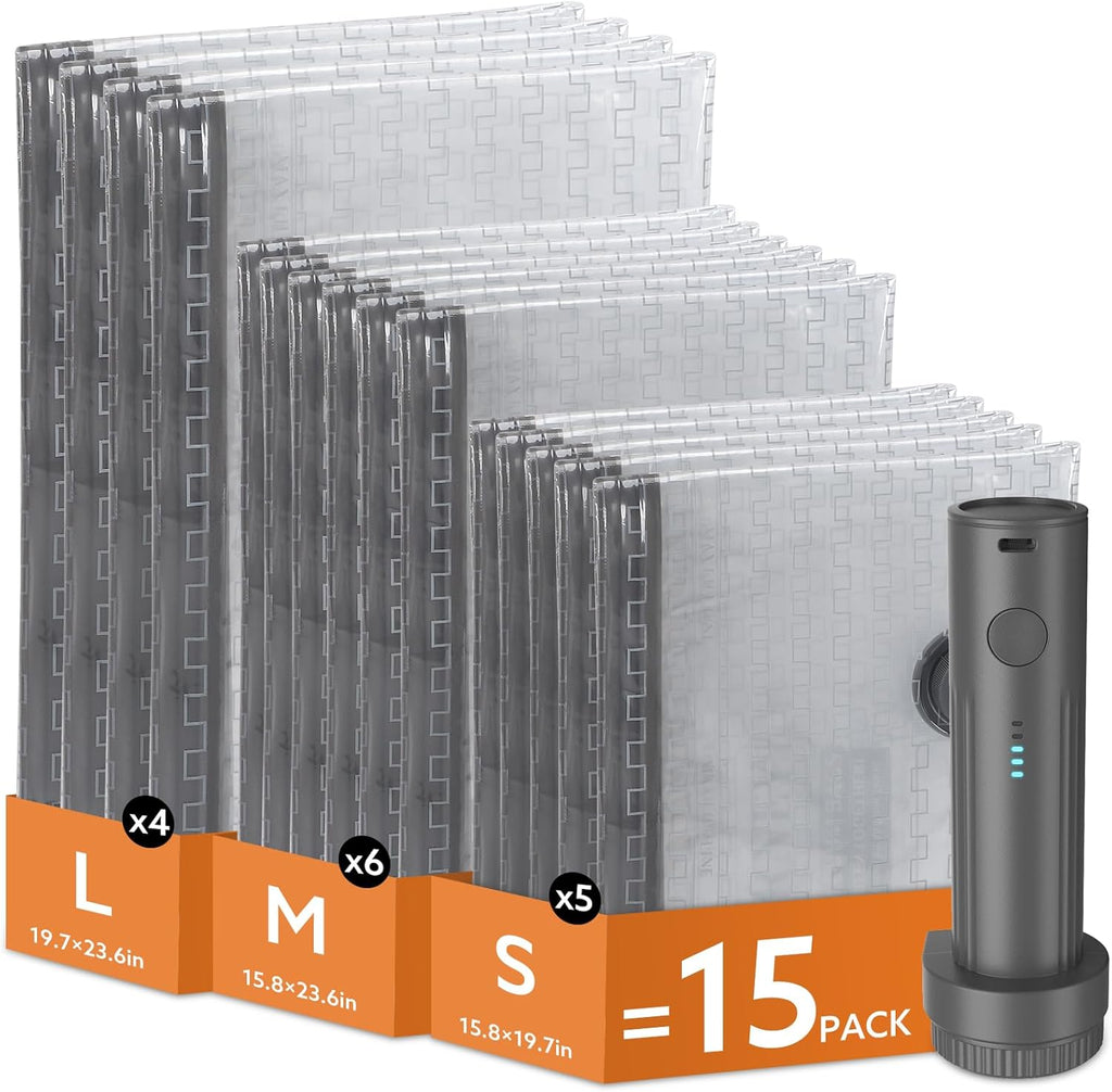 Skiennix Travel Vacuum Bags - Wireless Charging Air Pump Included | 15 Pack in 3 Sizes for Clothing Storage