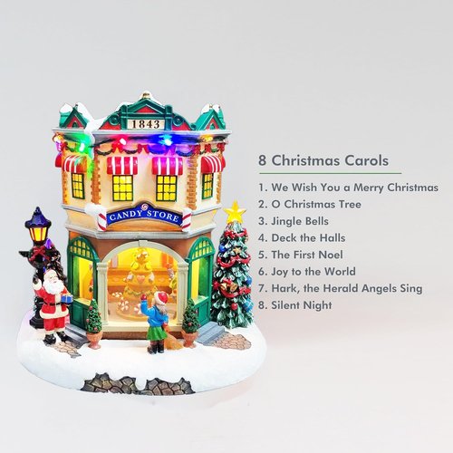 Moments In Time LED Musical Candy Store - 10.3” Light Up Christmas Village Scene | Plays 8 Classic Songs, Battery Operated Holiday Décor Gift