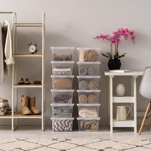 IRIS USA Storage Bins - 12-Pack Clear Stackable Containers with Lids, 17 Quart for Organizing Shoes & Classroom Supplies