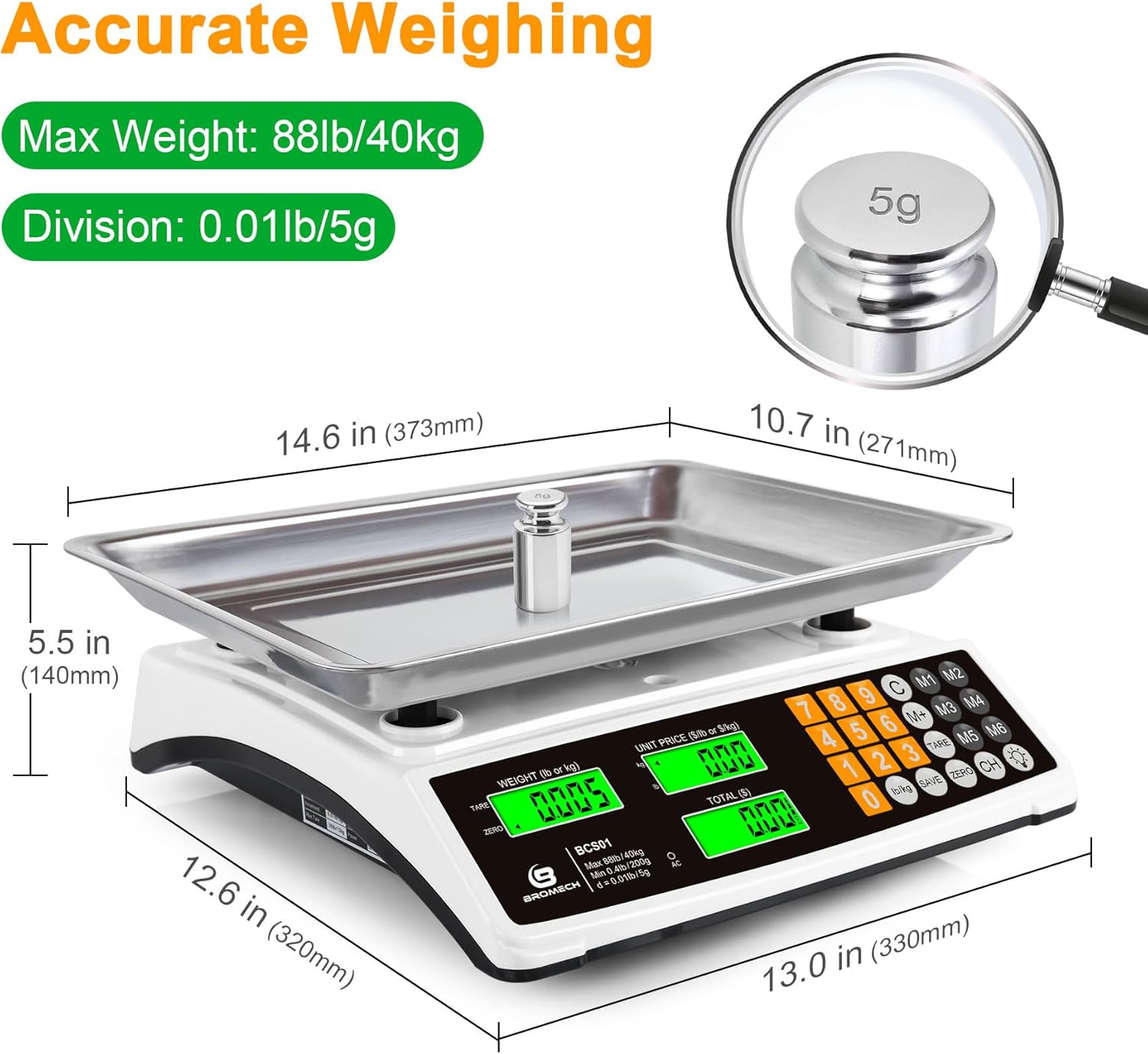 Price Computing Scale - 88lb/40kg Commercial Food Scale with Stainless Steel Platform & LCD Display