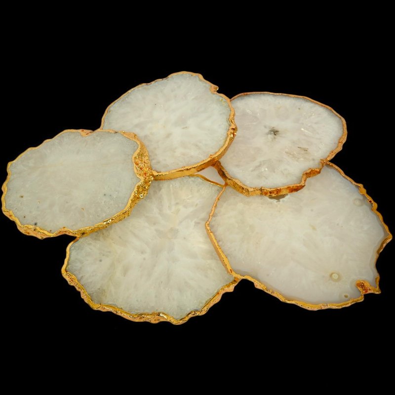 POSHIO Coasters Set of 5 Agate Stone Coaster- Table Decor Accessories- Beautiful Coasters Gift Set- Easy Fit for Mugs, Glasses & Small Bowls (Pink) (White)