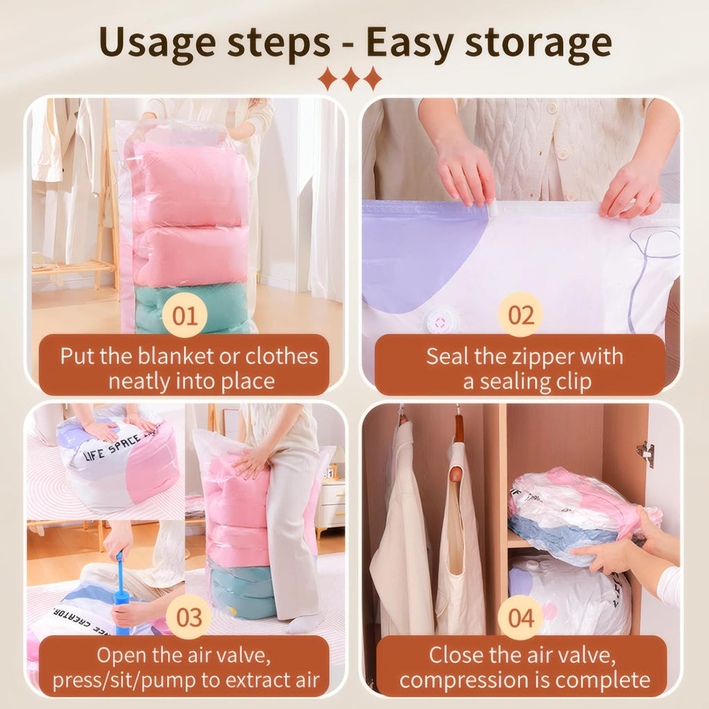 Skiennix Vacuum Storage Bags - 4 Pack Space Saver Bags for Clothing, Travel & Moving | Hand Pump Included