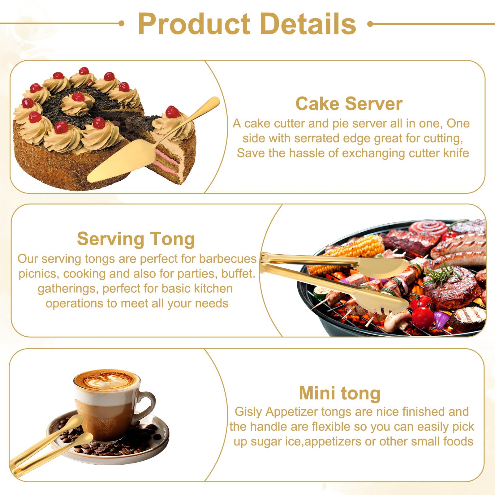 12Pcs Gold Serving Utensils Set, Stainless Steel Serving Utensils Set includes Serving Spoon, Serving Solted Spoons, Fork, Sugar Tongs, Food Tongs, Cake Spatula, Soup Spoon for Parties, Buffet