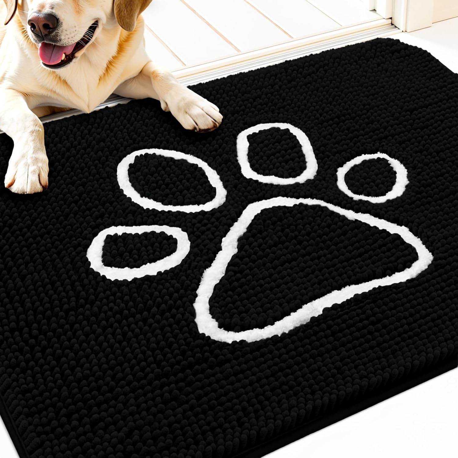 OLANLY Dog Door Mat - Absorbent Non-Slip Mud Mat for Muddy Paws | 32x20 Black Paw Print Design