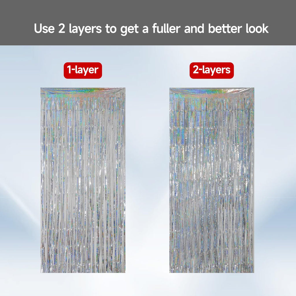QRabbit Foil Curtain Backdrop - Silver Metallic Tinsel Fringe for Parties | 4 Pack for Birthdays & Weddings