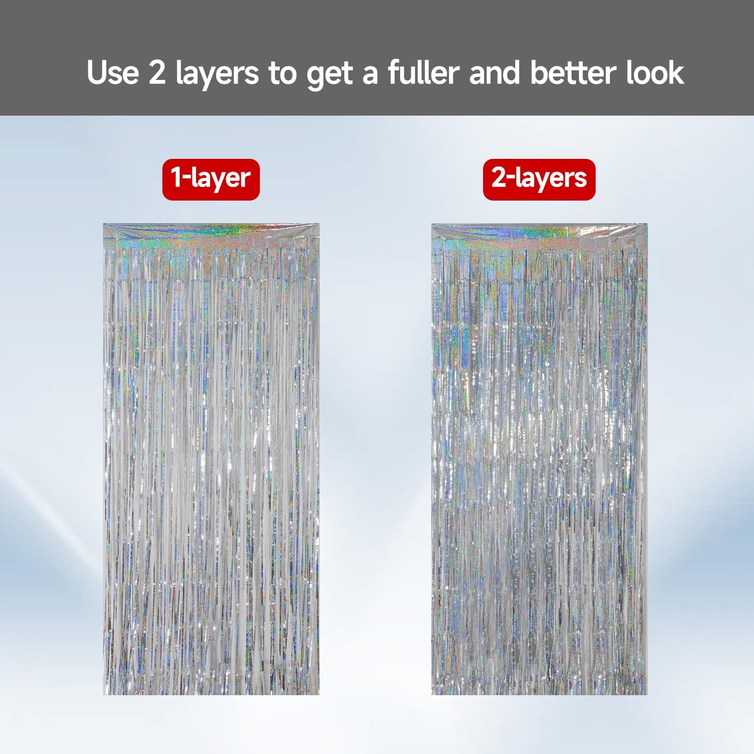 QRabbit Foil Curtain Backdrop - Silver Metallic Tinsel Fringe for Parties | 4 Pack for Birthdays & Weddings