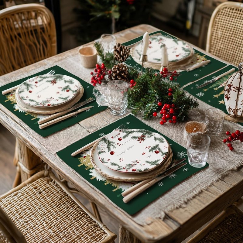 GEEORY Christmas Placemats 12x18 Inch Set of 4, Xmas Trees Snowflakes Winter Seasonal Holiday Farmhouse Kitchen Dining Table Decoration for Indoor Outdoor Dinner Party Décor (Green) GP127-18
