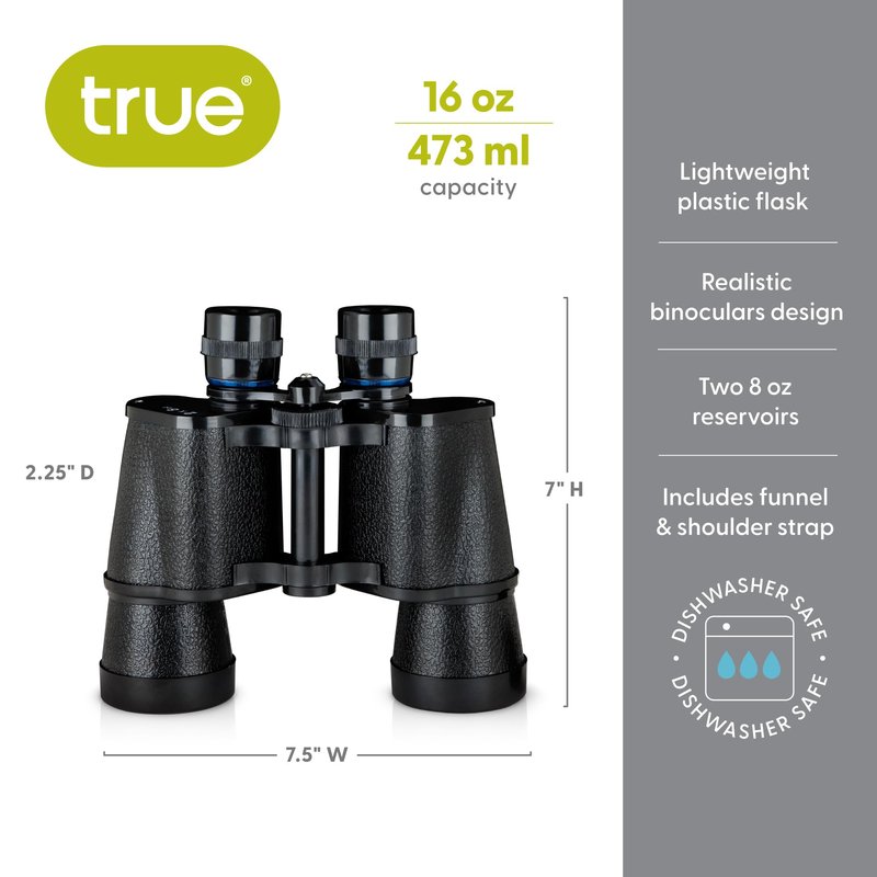True Binocular Flask, Sneaky Flask, Hidden Alcohol Barware Accessory, Anything but a Cup, 16 oz capacity, Black