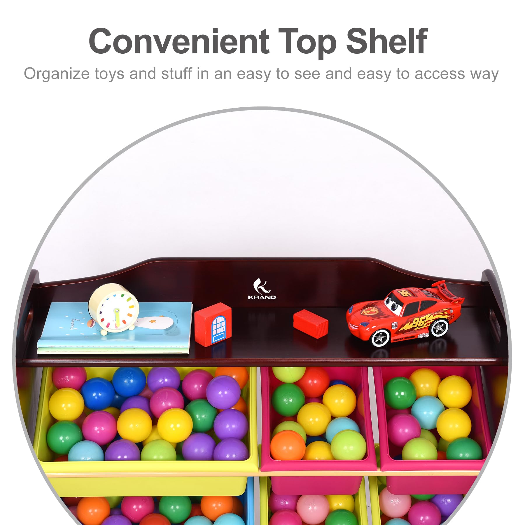 KRAND Toy Storage Organizer for Kids 100% Pine Solid Wood Kids Toy Organizer with Thick Anti-Break Storage Bins (Espresso)