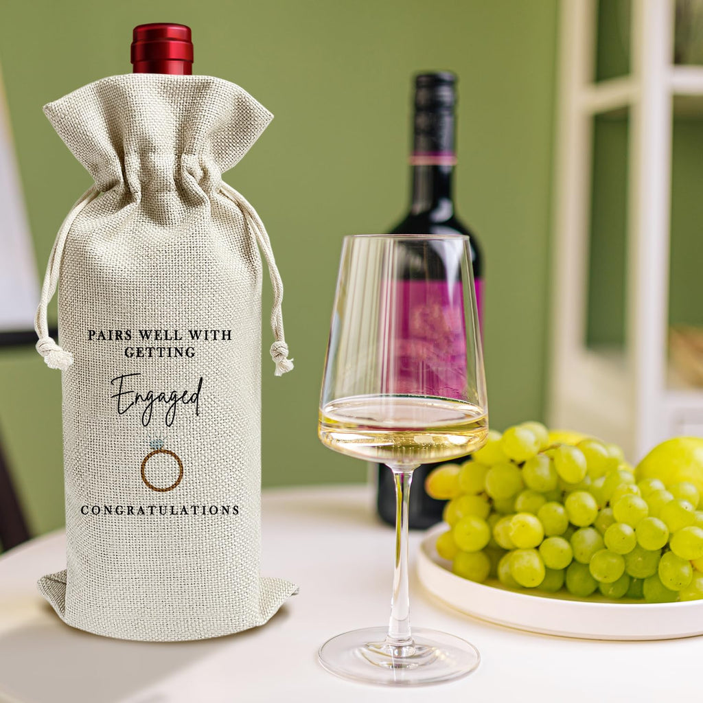 DOIUCRO Pairs Well with Getting Engaged - Gifts for Couples Wine Bags, 1 PC Reusable Drawstring Burlap Wine Bottle Bags, Engagement Gifts for Bride Groom, Wine Accessories Engagement Party Favors -06