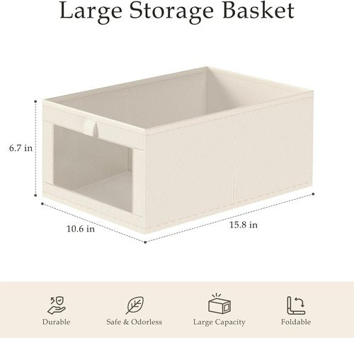 Criusia Closet Organizers - 4 Pack Foldable Linen Baskets with Mesh Windows for Clothing & Toys | Beige