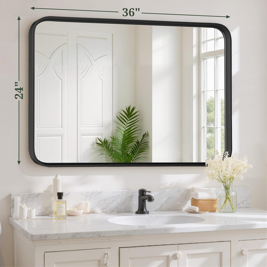 Regine Switzerland 36x24 Inch Black Metal Frame Bathroom Mirror - Modern Anti-Rust Design for Farmhouse & Entryway
