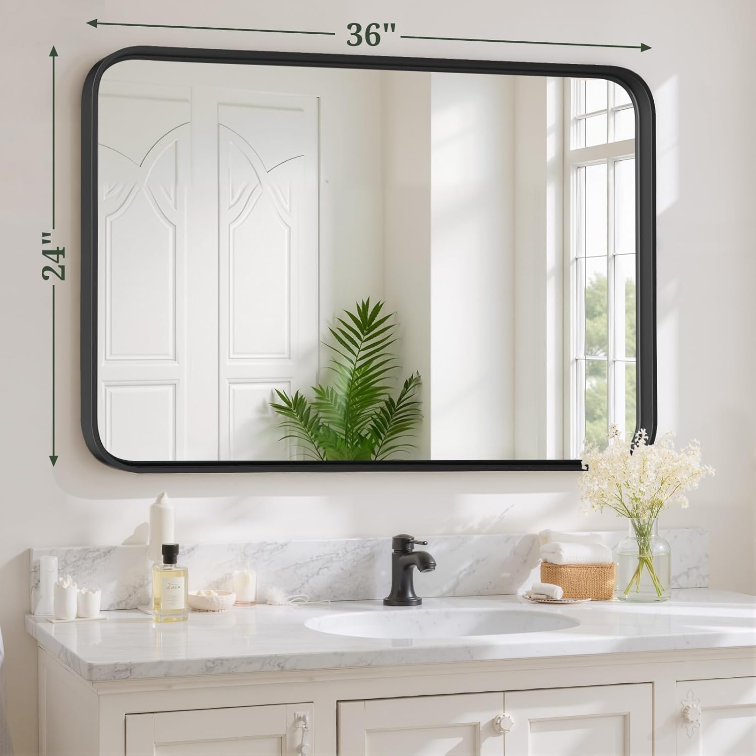 Regine Switzerland 36x24 Inch Black Metal Frame Bathroom Mirror - Modern Anti-Rust Design for Farmhouse & Entryway