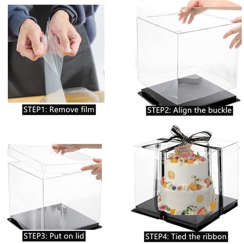 Zentriqlla 6 Pack Clear Cake Box with Ribbon, Tall Cake Carrier for 2-Layer Cake Holder, 10x10x9 inches Transparent Gift Boxes for Pastries with Lid and Black Board, Display Wedding Gift Packaging