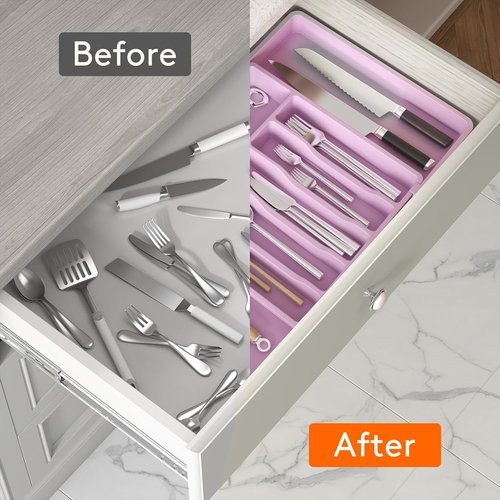 Lifewit Expandable Silverware Drawer Organizer - BPA-Free Utensil Tray for Kitchen | Adjustable Storage 13-22 x 15" - Purple