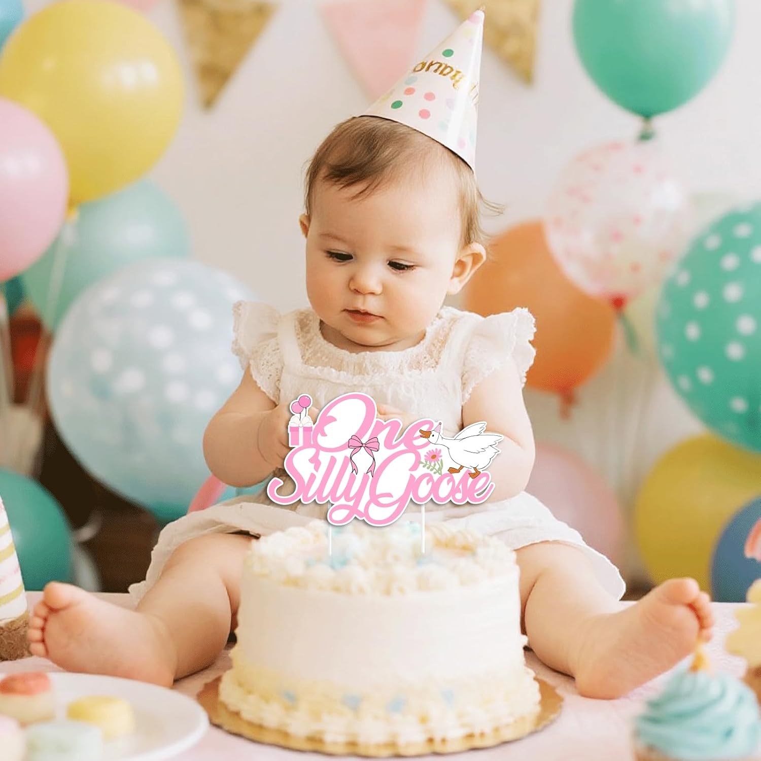 One Silly Goose Birthday Cake Topper - Fun Goose Theme Decorations for 1st Birthday | Cupcake Props