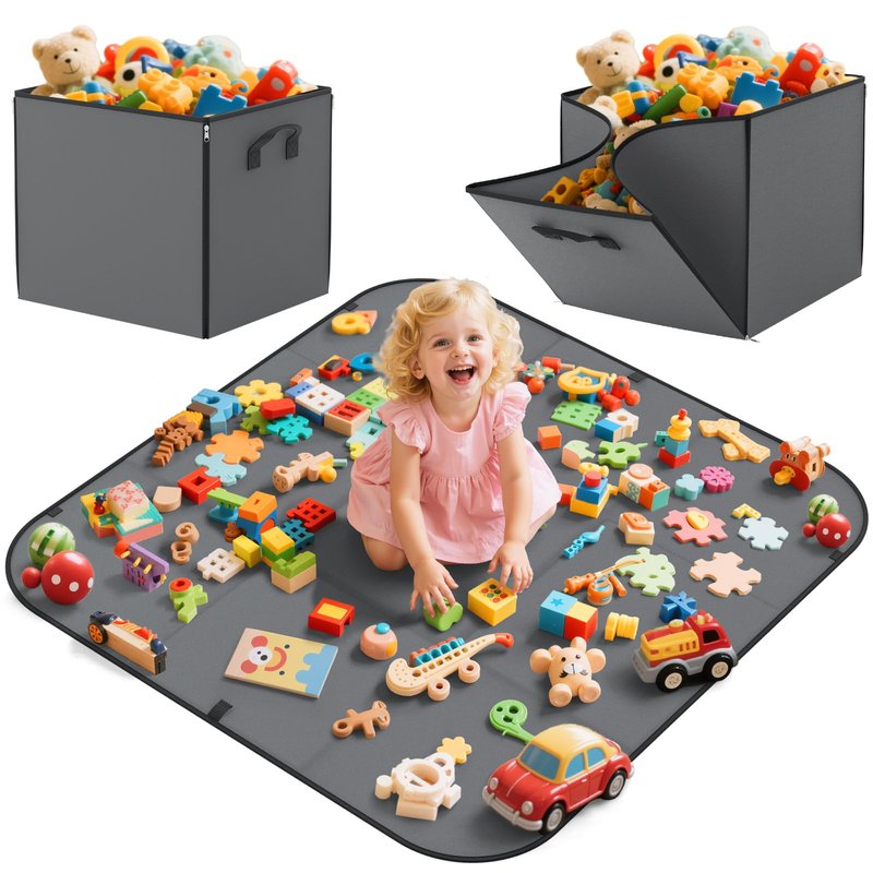 YOHOOLYO 2 In 1 Toy Storage Play Mat, Storage Box for Kids Children Space Adventures Design,Nursery, Playroom, Basket for Building Bricks Blocks Collapsible Cube Bin, 15"×13"×13"