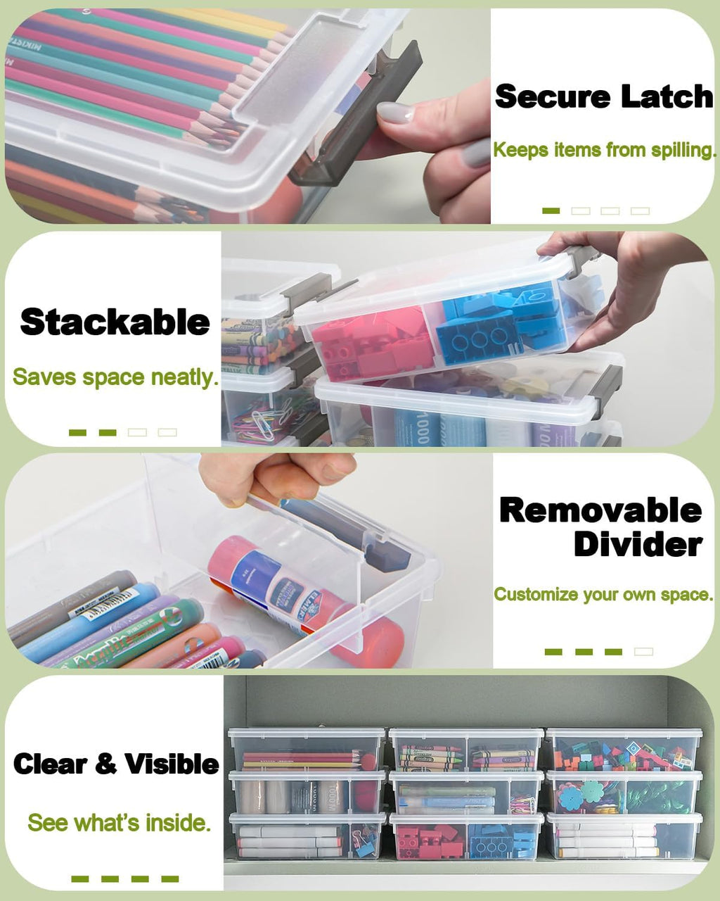 Skiennix Extra Large Pencil Box - Removable Divider & Stackable Design | 12 Pack Grey Storage Containers