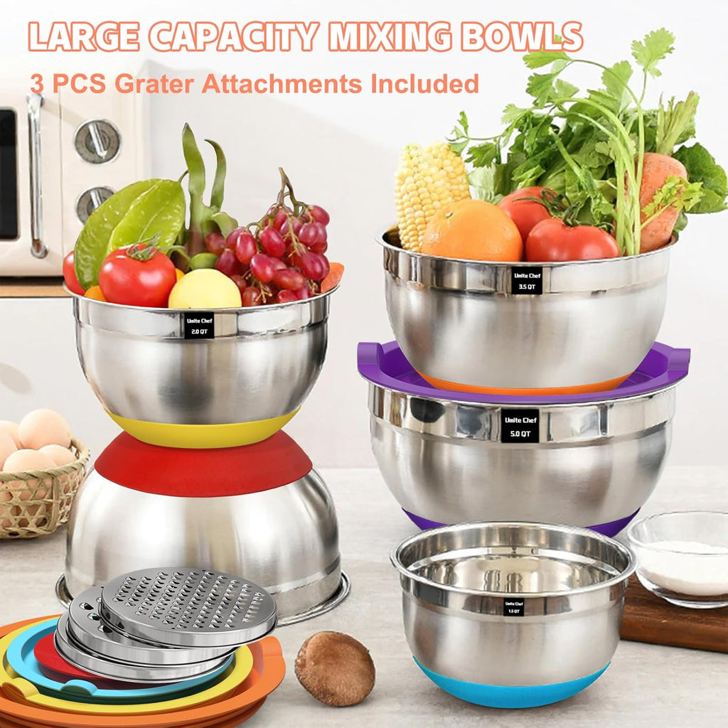 Umite Chef Mixing Bowls Set - 8PCS Stainless Steel with Airtight Lids & Non-Slip Bottoms | Includes Grater Attachments, 1.5QT to 5QT