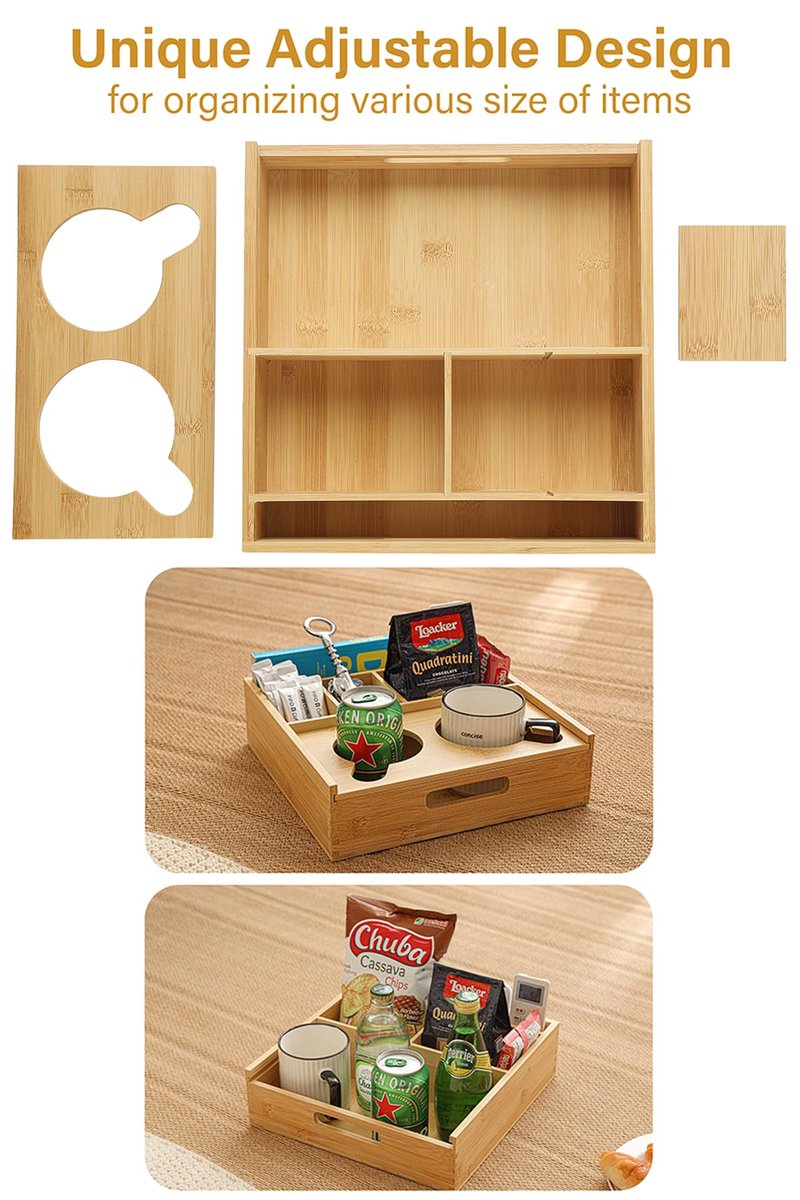 ROCDEER Couch Caddy,Bamboo Couch Cup Holder Tray with 6 Compartments, Sofa and Bed Organizer for Drinks, Snacks, and Remotes