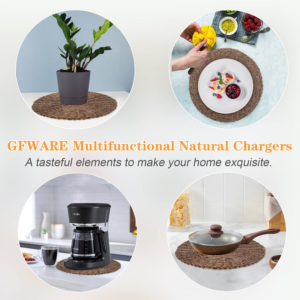 GFWARE Woven Placemat Round Set of 8 15in, Natural Wicker Charger Table Mats Heat Resistant Rattan Thick Rustic Hand-Braided for Kitchen Dining Wedding Restaurant Farmhouse Decoration Brown