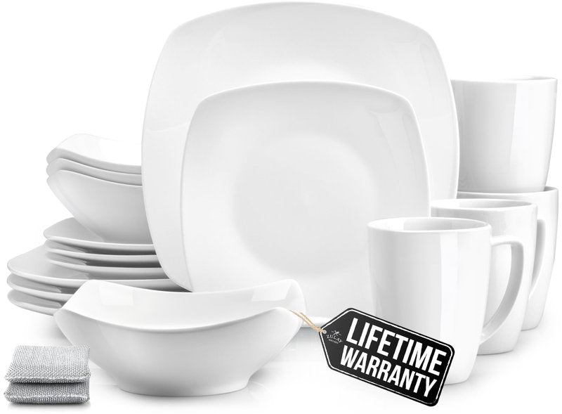 Zulay Kitchen Luna Plates and Bowls Sets, 12 Piece Modern Porcelain Dish Set for 4, Chip and Scratch Resistant Square Dinnerware Set, Microwave and Dishwasher Safe, Pearl White