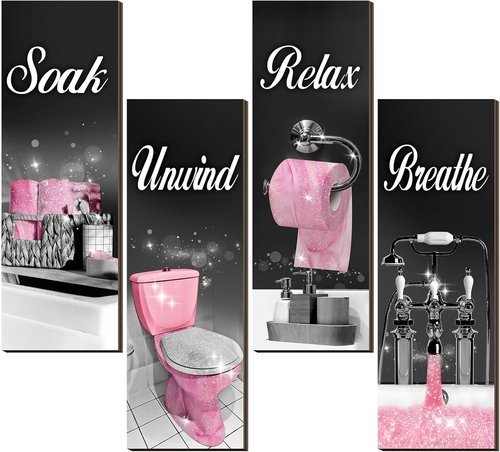 Honoson Bathroom Wall Art - 4 Pcs Farmhouse Decor Signs for Soak, Unwind & Relax | Black & Pink