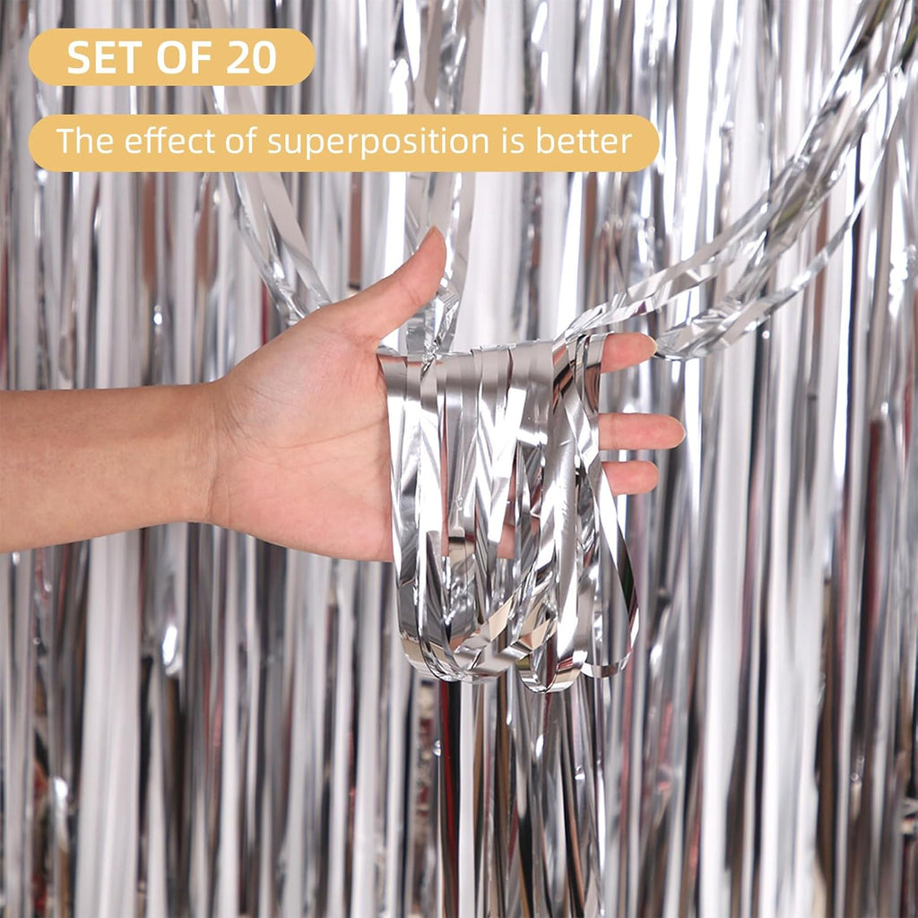 Skiennix Silver Foil Curtain Backdrop - 20 Pack Metallic Tinsel Fringe 3.2ft x 8.2ft for Parties & Photo Booths