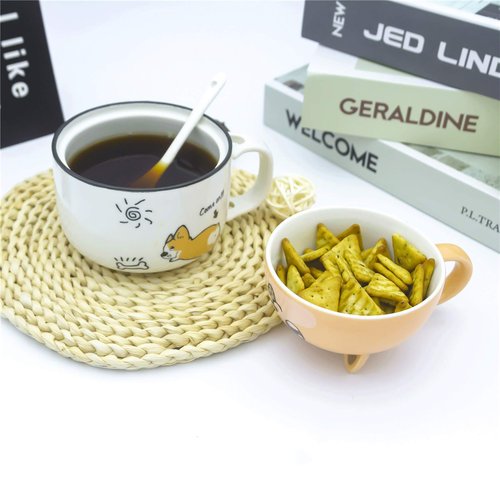 SQKJ Cute Corgi Ceramic Coffee Mugs Tea Cups with Lid and Spoon Lovely Dog Design Gifts for Kids Girls Boys (370ml+160ml/12.5oz + 5.4oz)