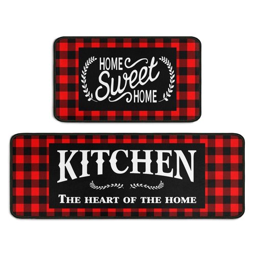 Haretu Framhouse Kitchen Rugs and Mats Set of 2, Black and Red Buffalo Plaid Non-Slip Floor Mat for Home Kitchen Christmas Decor - 17x29 and 17x47 Inch