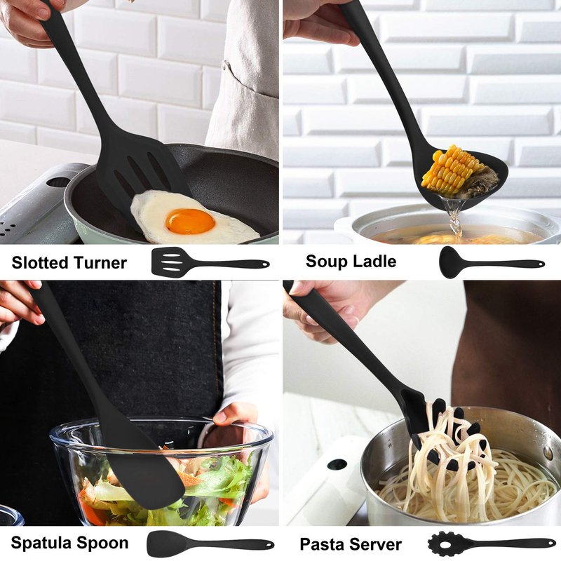LIANYU 14 Pcs Silicone Kitchen Utensils Set with Holder, 446°F Heat Resistant Silicone Cooking Kitchen Utensils Spatula Set, Non-Stick & Dishwasher Safe Cooking Tools, Comfort Grip Handle, Black