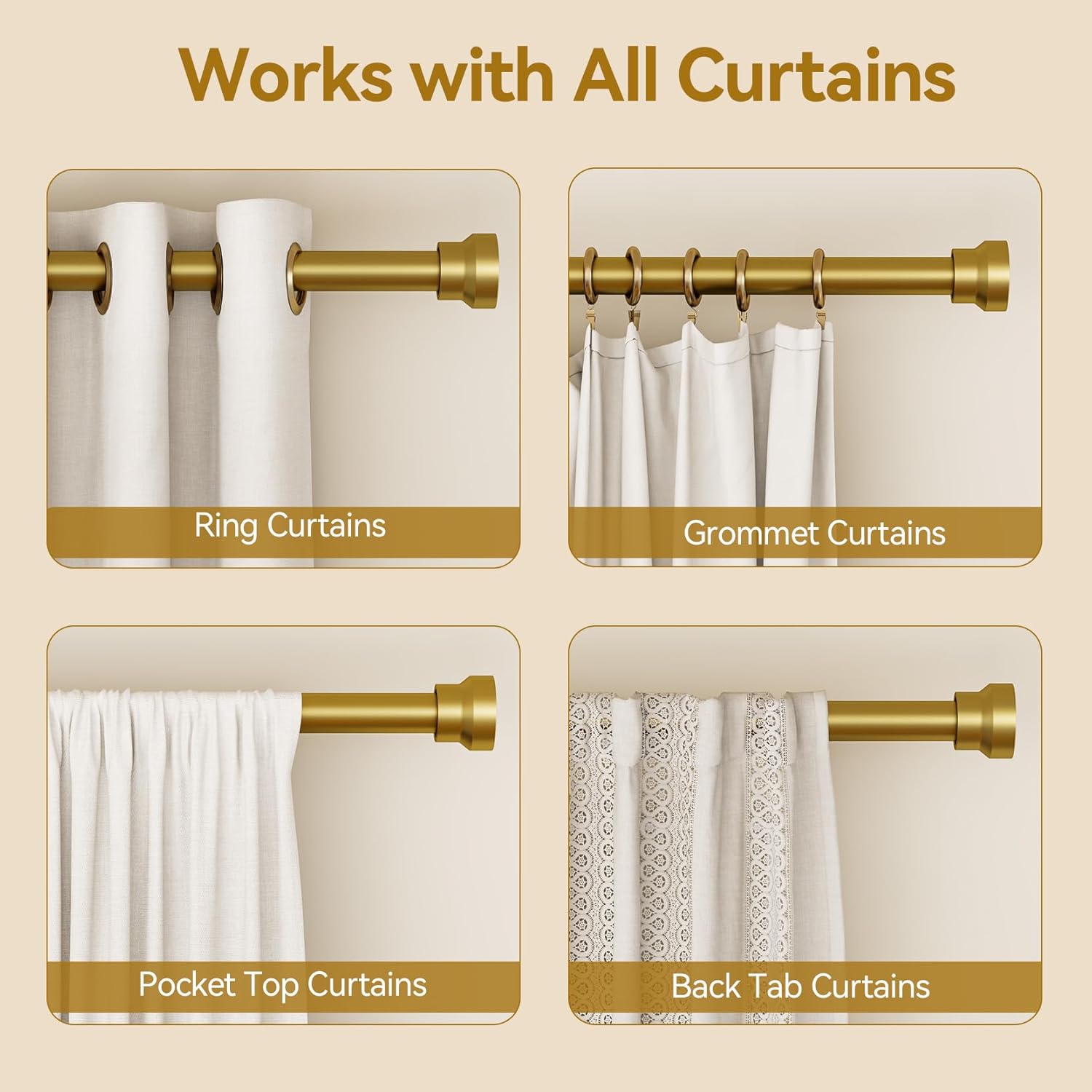 YaFex Curtain Rods - Heavy Duty 1 Inch Adjustable Window Treatment Rods | 32-118 Inch, Gold Finish