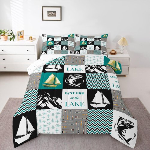 Love Lake Life Comforter Set, Lake House Bedding Set Twin Size, Retro Sailboat Rustic Down Comforter For Kids Boys Teens Adult, Hunting Fishing Plaid Patchwork Quilted Duvet, Blue White White