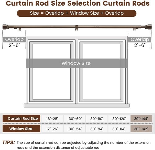**Regine Switzerland Heavy-Duty Adjustable Brown Curtain Rod - 30 to 144 Inch for 66 to 120 Inch Windows**