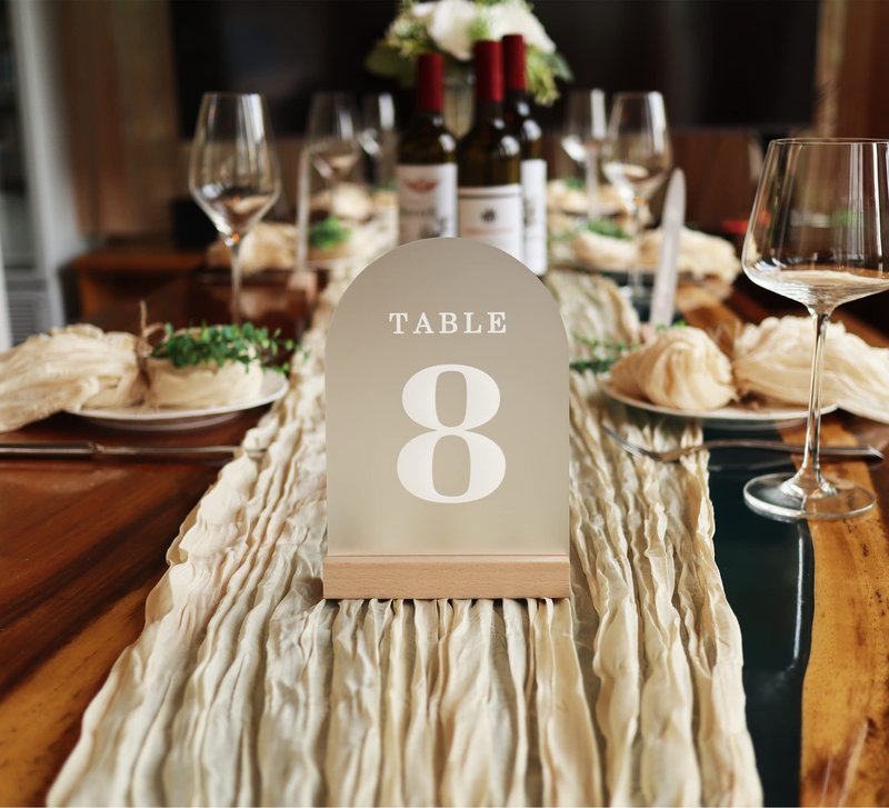 ORGANTEAM Wedding Table Numbers 1-20, Acrylic Arch Signs with Natural Wood Stands Holders, Rustic Table Decor for Reception & Parties (Frosted White)