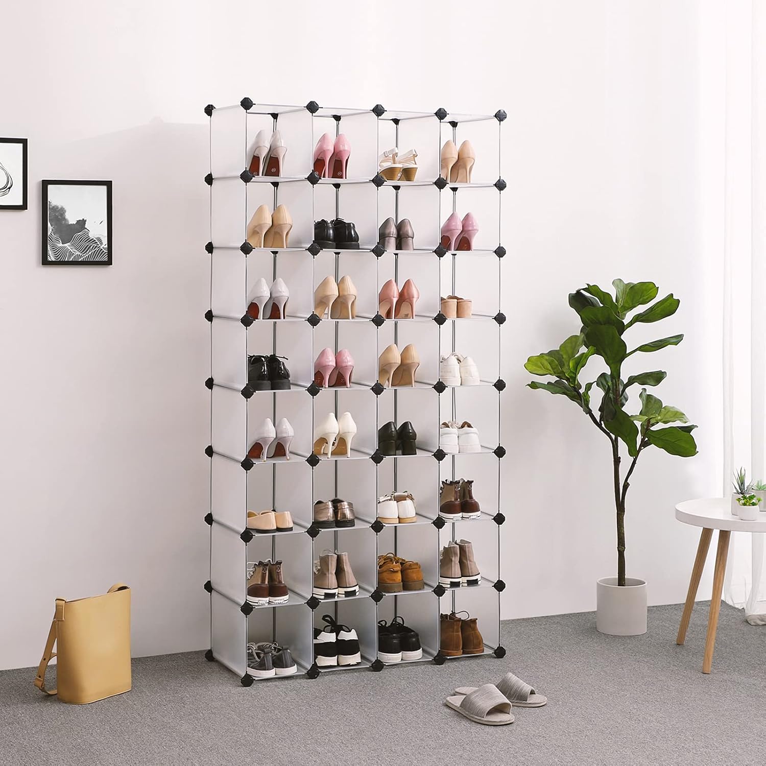 SONGMICS Shoe Rack - 32-Cube Interlocking Plastic Organizer for Closet & Entryway | Space-Saving Design, 13.9 x 35.1 x 54.5 Inches