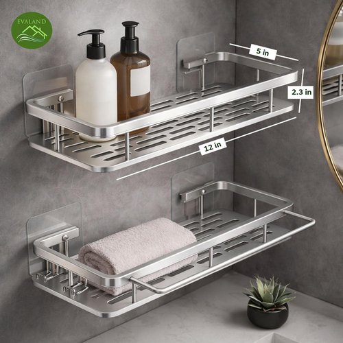 EVALAND Shower Caddy - Adhesive 2-Pack with Hooks & Rod for Towels | Premium Rustproof Bathroom Organizer in Silver
