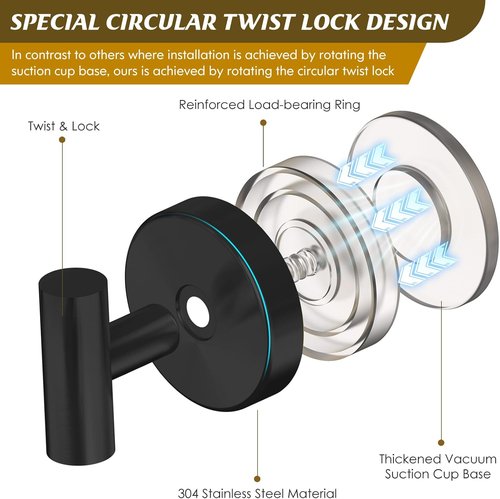 MOTAIPEAK Heavy Duty Suction Cup Hooks - No Drill Wall Mounted Towel Hooks for Bathroom & Kitchen | Black (2 Pack)