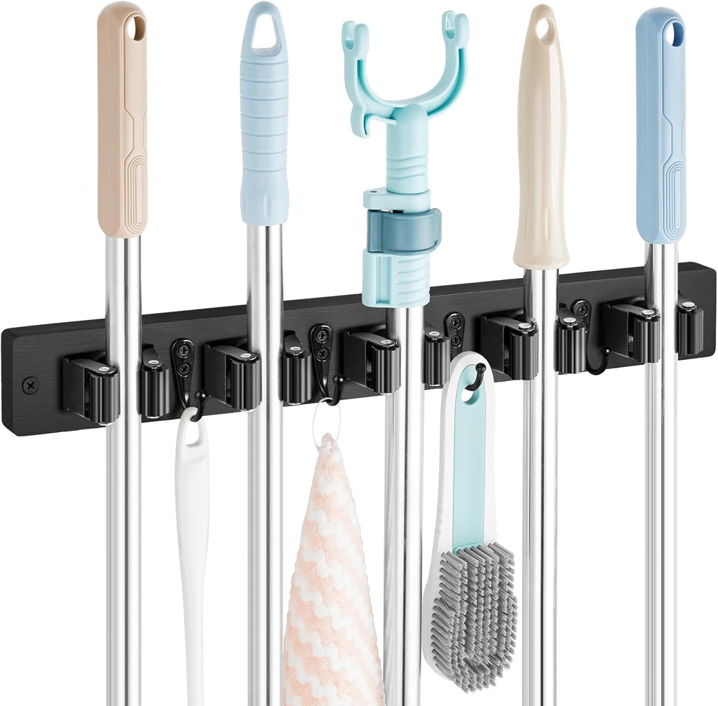 OUTNILI Mop and Broom Holder Wall Mount - Black Organizer Rack with 5 Slots & 4 Hooks for Garage, Kitchen, Laundry Room