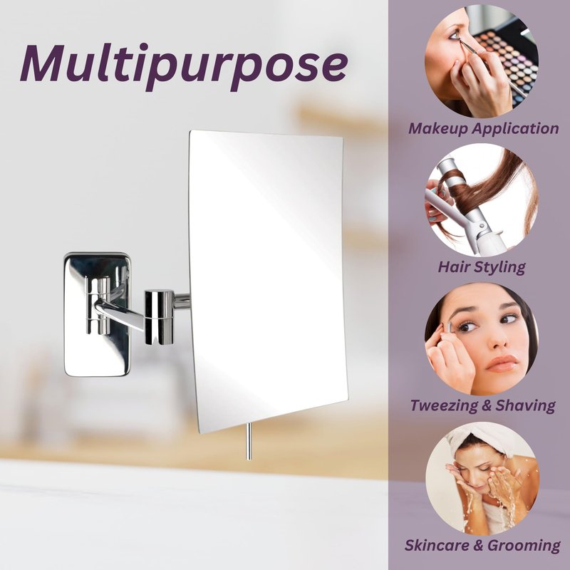 JERDON Wall Mount Makeup Mirror with 5X Magnification - 8.75” x 6.5” Rectangular Mirror Extends 14” – Chrome Finish – Model JRT695C
