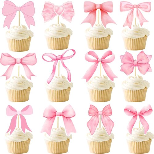 Coquette 48PCS Bow Cupcake Toppers - Pink Bow Cake Decorations for Birthdays & Baby Showers