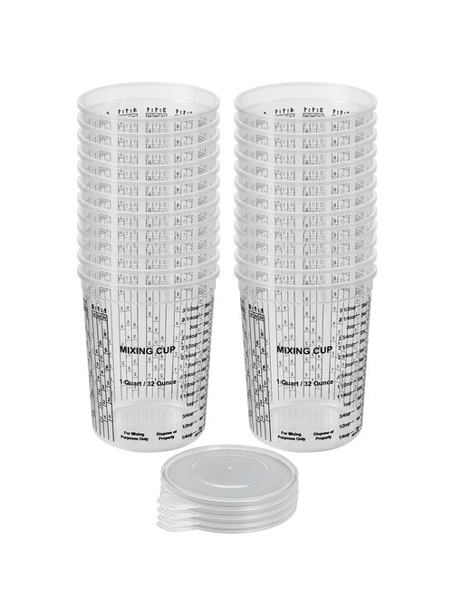 KREFINISH 32 OZ Paint Mixing Cups Disposable Flexible Clear Graduated Plastic Measuring Cups Box of 24 Cups & 4 Lids Use for Automotive Painting, Epoxy Resin, Acrylic Arts, Kitchen - Mixing Ratios