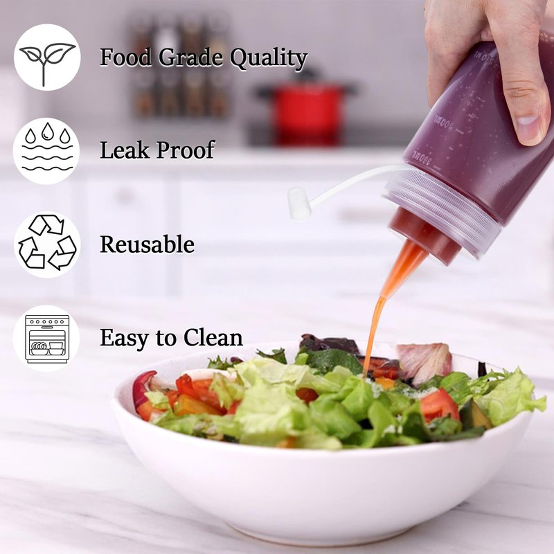 Katfort Squeeze Bottles for Sauces 2 Pack, 32 Ounce 1000ml Plastic Dressing Squirt Bottles with Cap Lids, Condiment Bottle for Liquids BBQ Dressing Pancake Art Dispenser