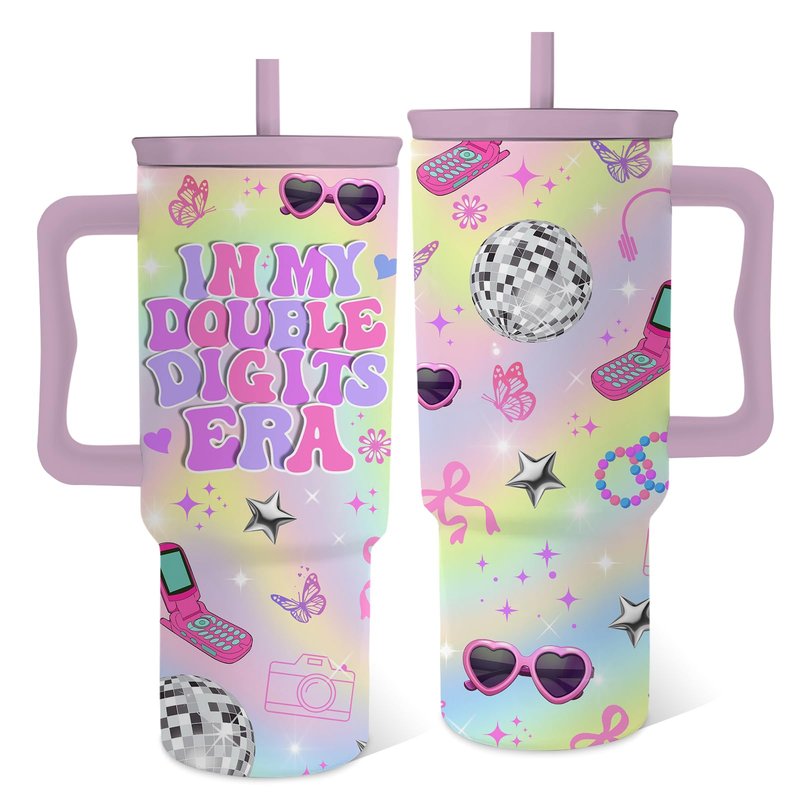 Hiboss Birthday Gifts for 10 Year Old Girls, in My Double Digits Era Tumbler with Handle 24oz, 10th Birthday Gifts for Girls, Iridescent Girl Music Disco Theme Party Cup